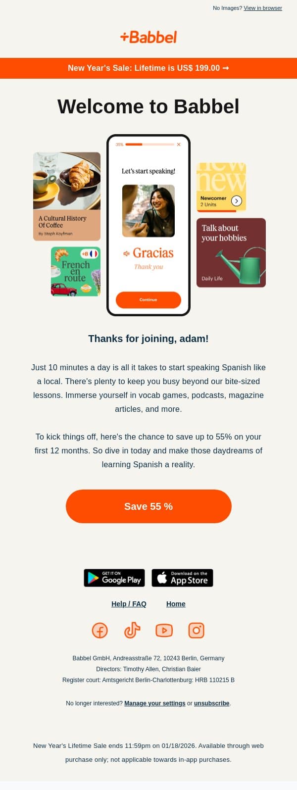 55% off Babbel 👋 Your adventure starts here... email from Babbel screenshot