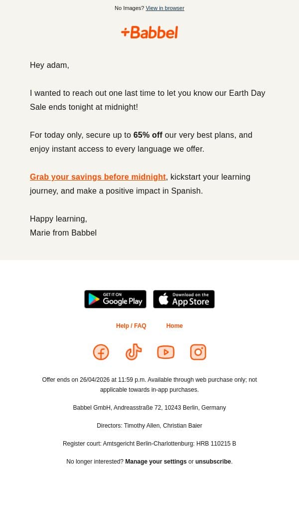 ⌛ Tonight's your last chance: Get 65% off Babbel email from Babbel screenshot