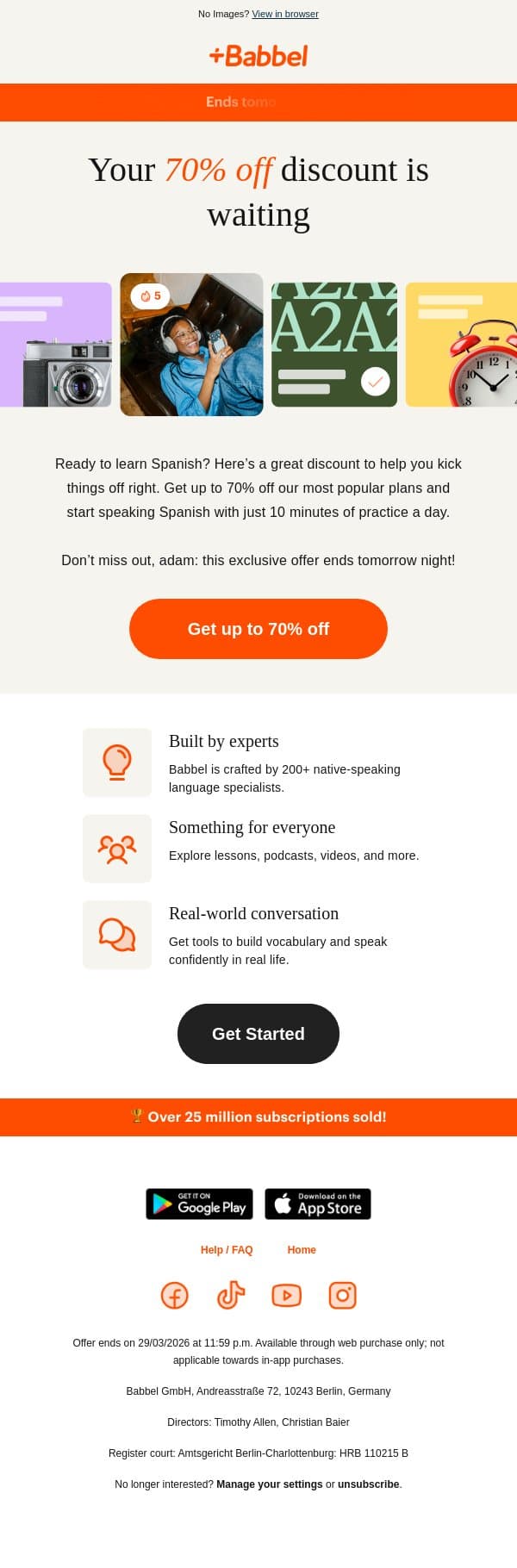 🔐 REMINDER: You've unlocked a 70% discount email from Babbel screenshot