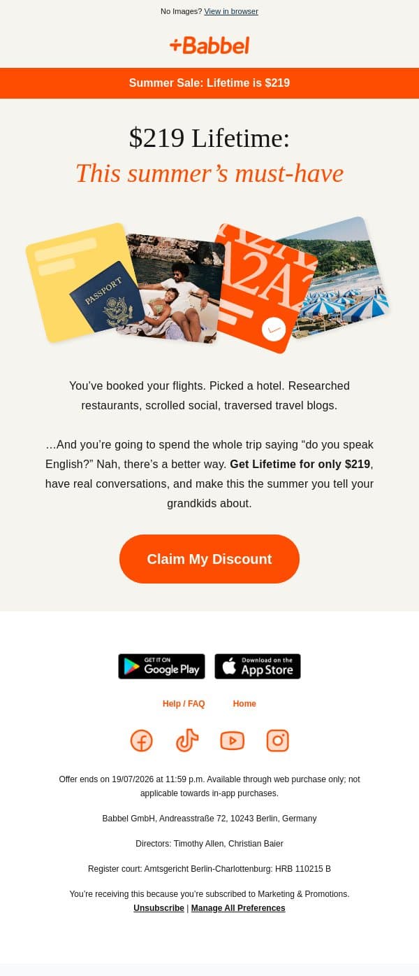 🌴 Happening now: Lifetime is $219 email from Babbel screenshot