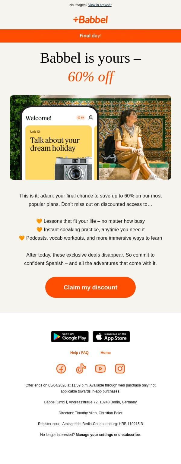 📣 Final Call! Up to 60% off Spanish email from Babbel screenshot