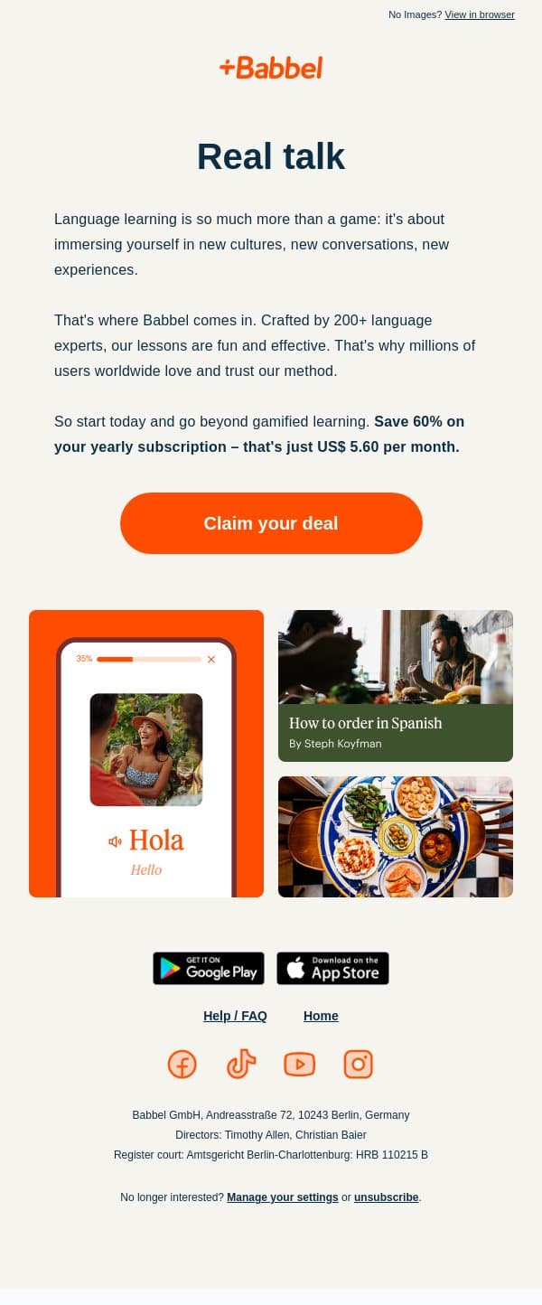 60% off language learning built by experts 🧩 email from Babbel screenshot