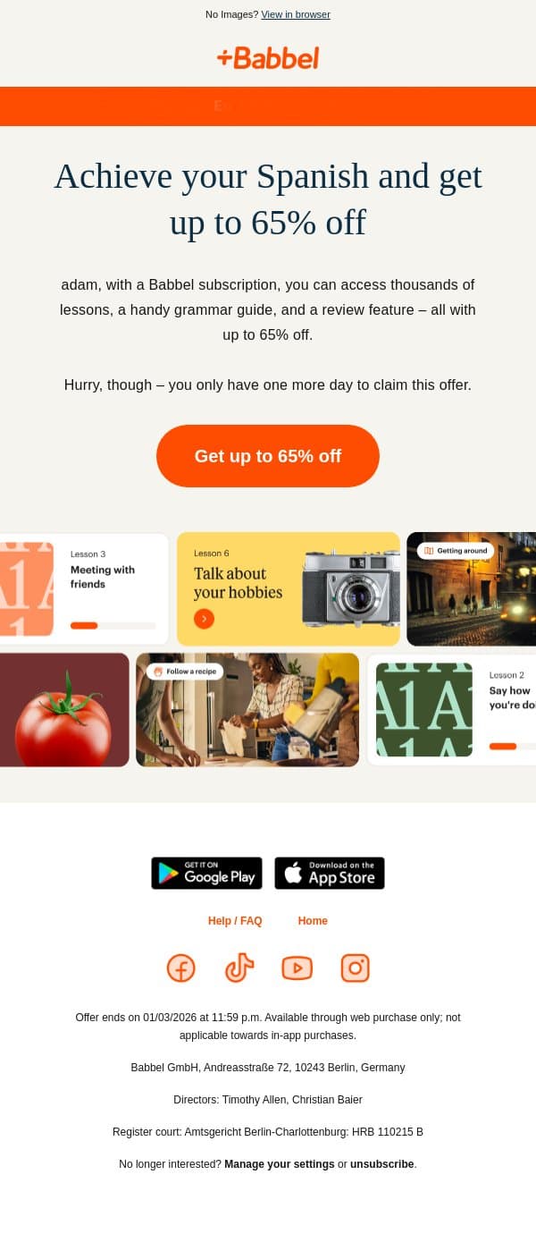 Grab it while it’s hot 🥧 get up to 65% off our best plans email from Babbel screenshot