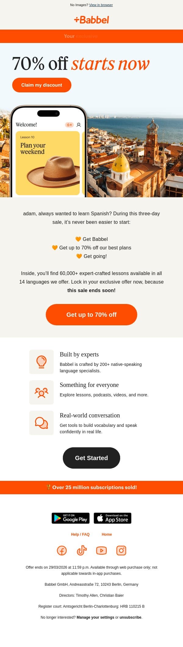 🎉 Offer enclosed: You’ve been selected to enjoy 70% off email from Babbel screenshot