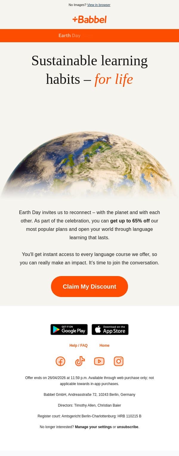 🌍 Earth Day Sale: Get 65% off email from Babbel screenshot