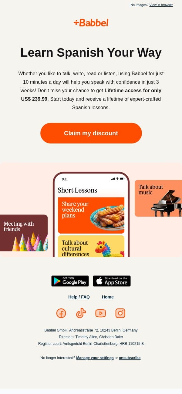 Don't forget - Lifetime is US$ 239.99 email from Babbel screenshot