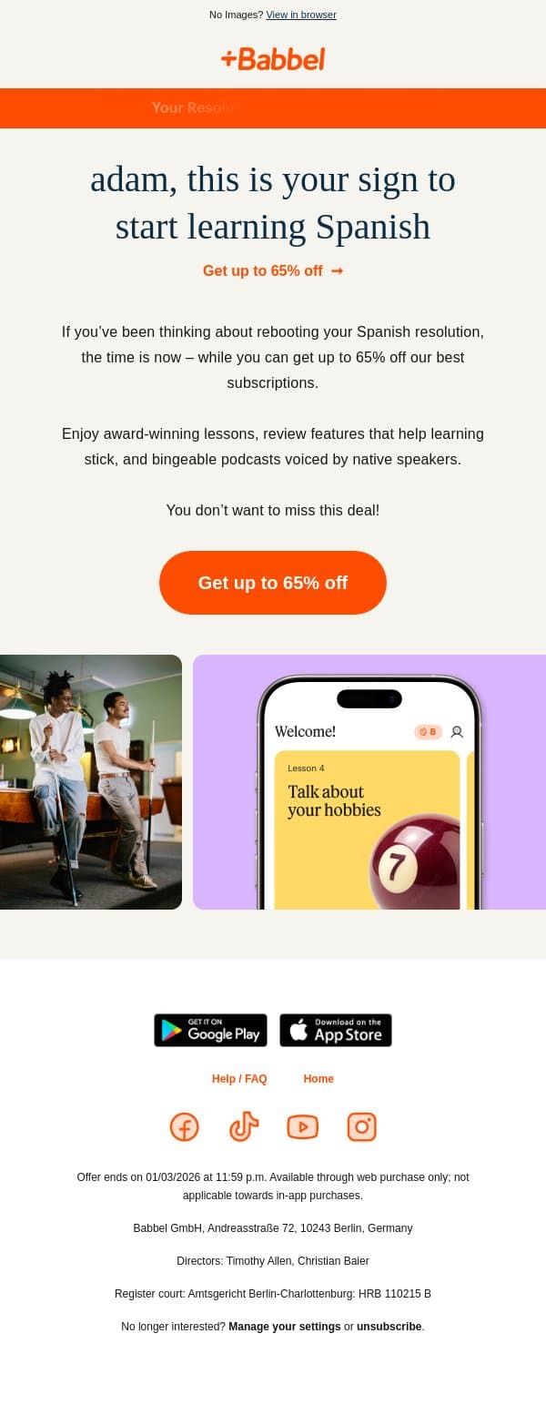 👋 Don’t forget adam: Get up to 65% off our best plans email from Babbel screenshot
