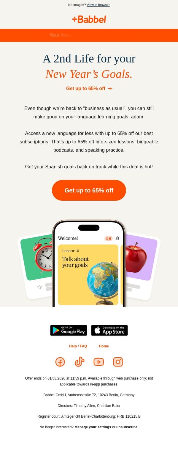📝 Make that resolution stick: Get up to 65% off our best plans email from Babbel screenshot