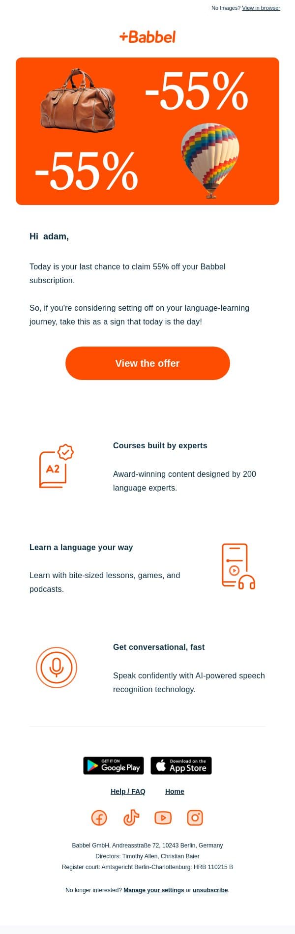 Last chance: get 55% off a year of Spanish email from Babbel screenshot