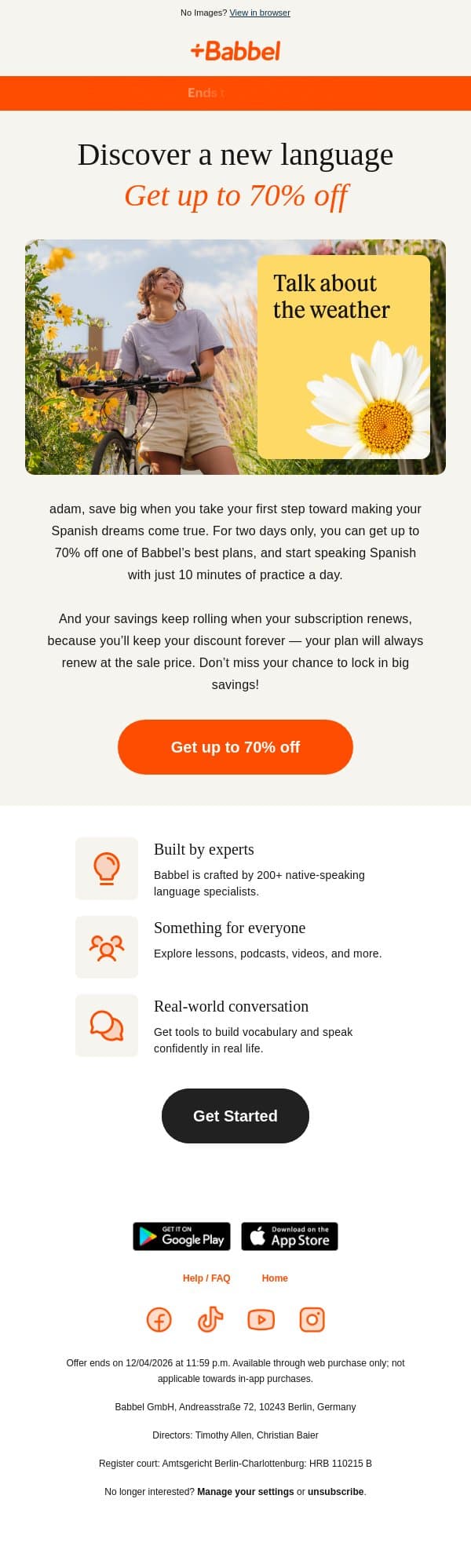 😱 70% off? Yes way! email from Babbel screenshot