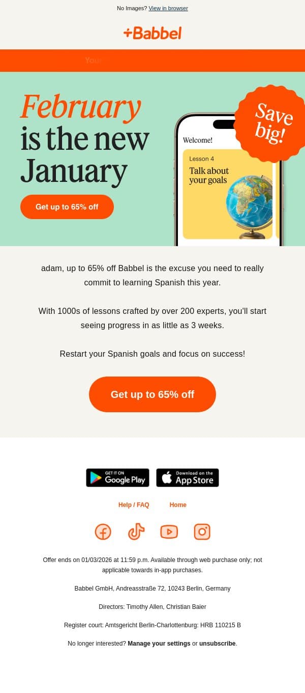 💪 Get back on track: Get up to 65% off our best plans email from Babbel screenshot