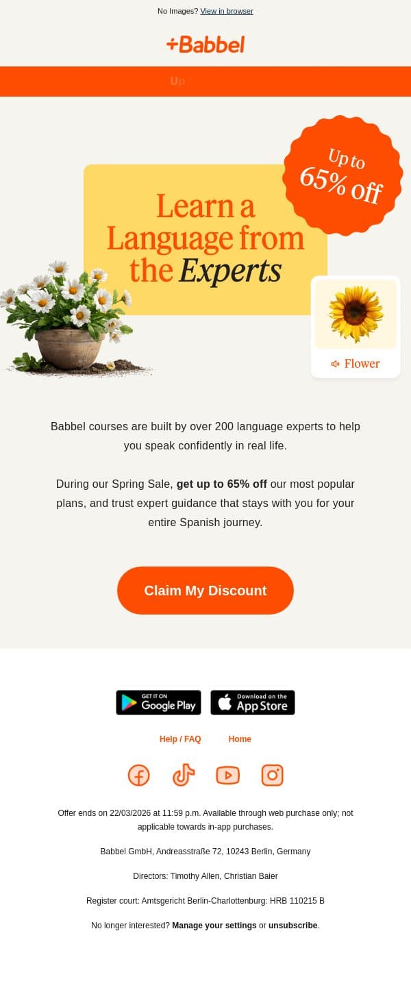 🌺 Get 65% off access to expert-crafted lessons email from Babbel screenshot