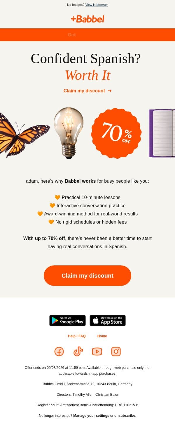 💡 Don’t miss 70% off Spanish – flexible, fast, effective email from Babbel screenshot