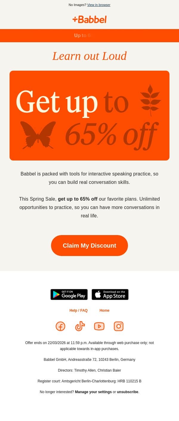 💐 Learn out loud with 65% off Babbel email from Babbel screenshot