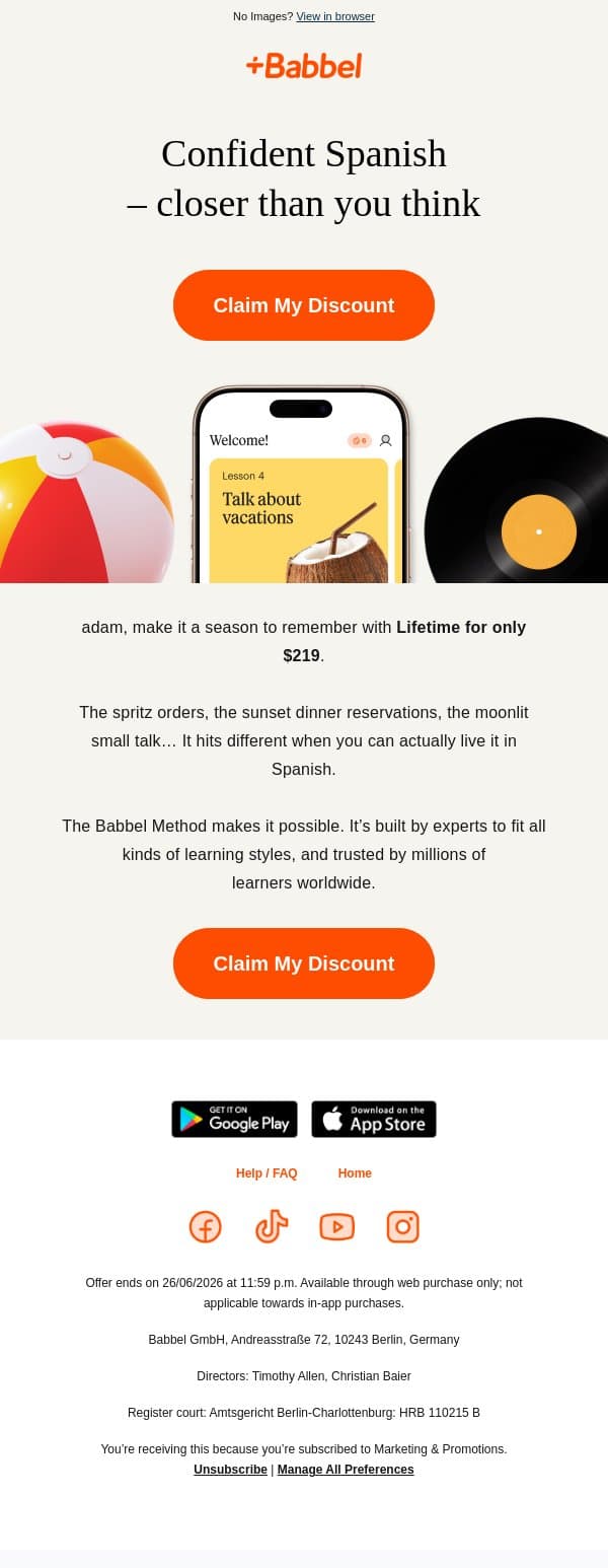 🌴 Now: Lifetime is $219 email from Babbel screenshot