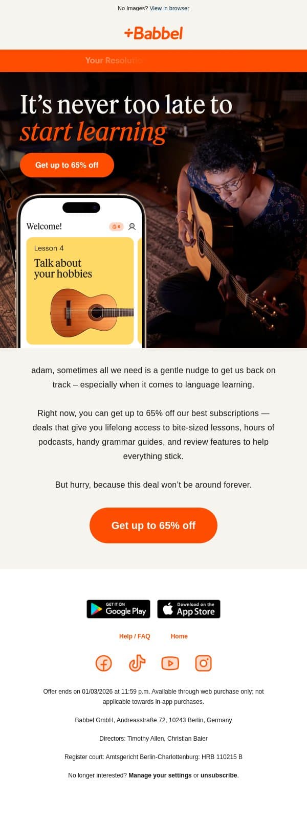 Get up to 65% off our best plans – but not for long 😶‍🌫️ email from Babbel screenshot