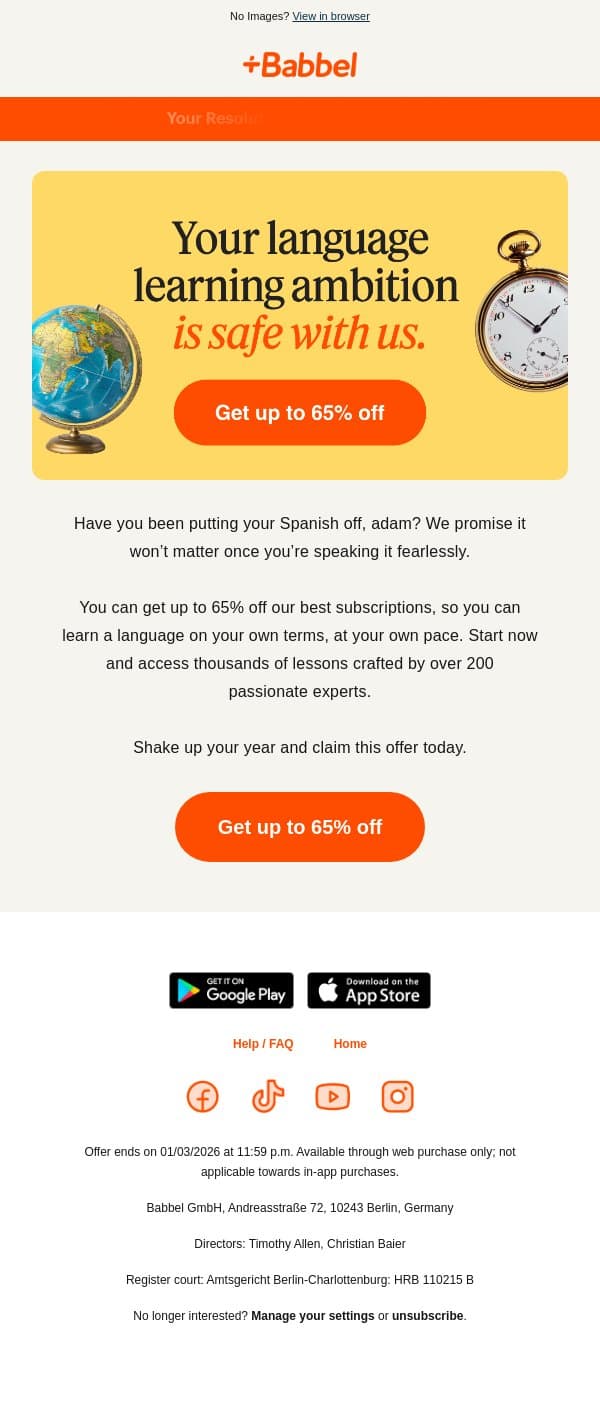 🧡 There isn’t a better time to start: Get up to 65% off our best plans email from Babbel screenshot