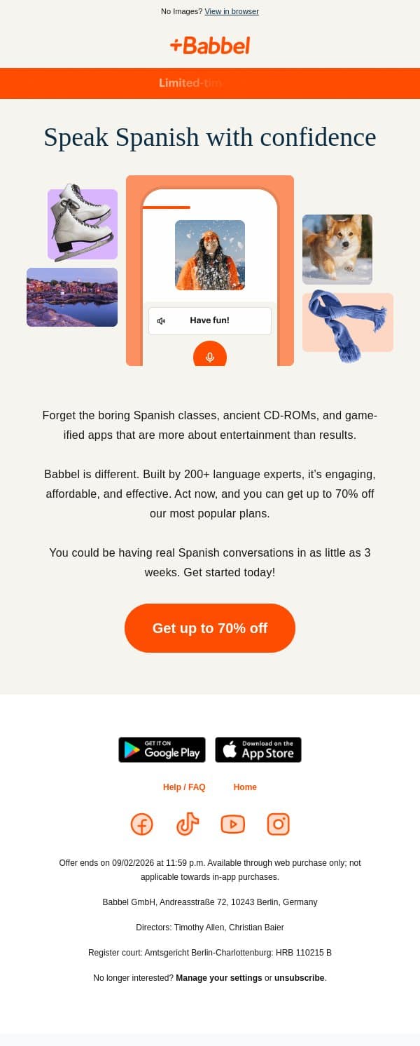 Learning Spanish + 70% off = 🙌 🙌 🙌 email from Babbel screenshot