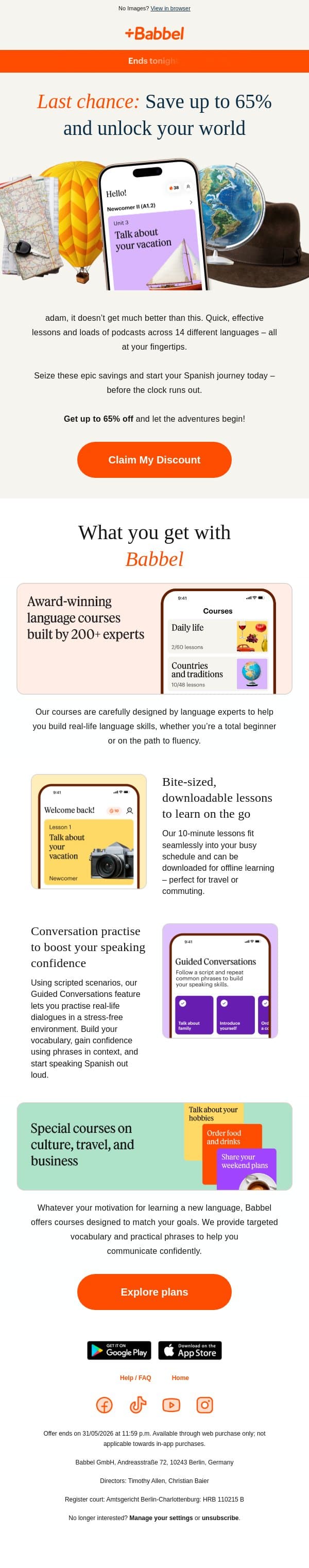 ❗ Ends Tonight: 65% off Babbel email from Babbel screenshot