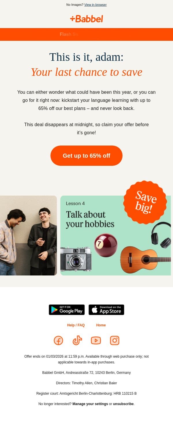🖐️ Final day! Get up to 65% off our best plans email from Babbel screenshot