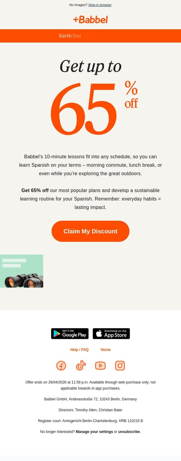 ♻️ Save 65% on expert-crafted lessons email from Babbel screenshot