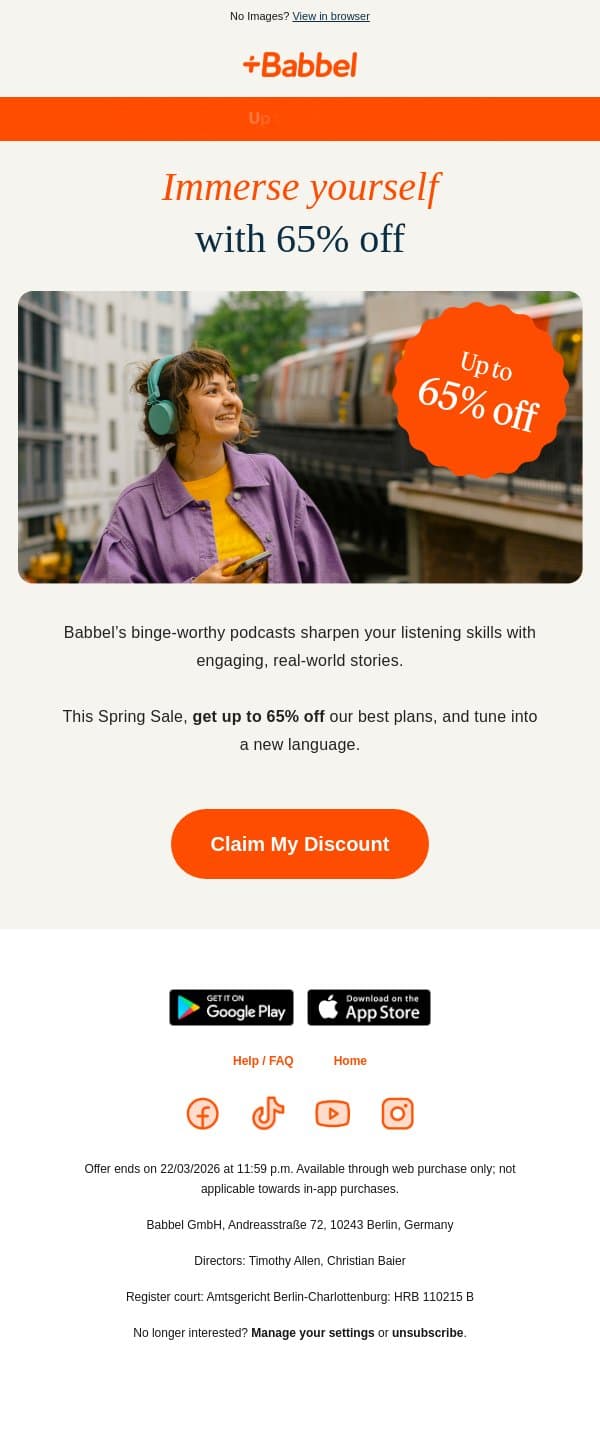 🎧 Press play and get 65% off email from Babbel screenshot