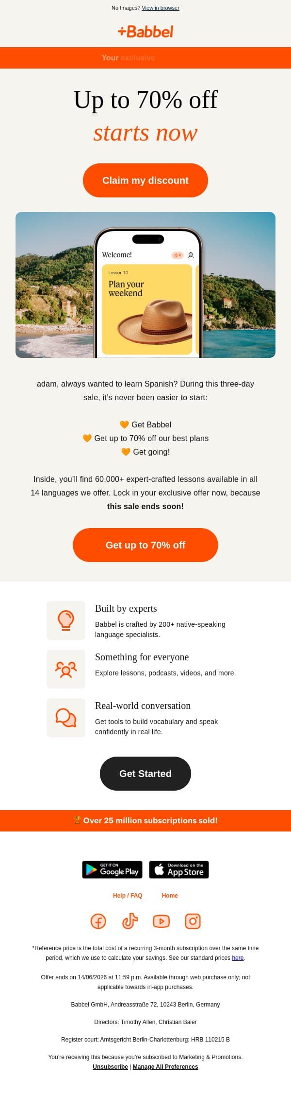 💥 Up to 70% off sale 💥 Save big on our best plans email from Babbel screenshot