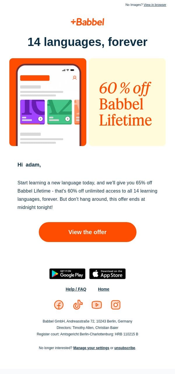 That extra pep in your step ➡️ 60% off a lifetime of learning! email from Babbel screenshot