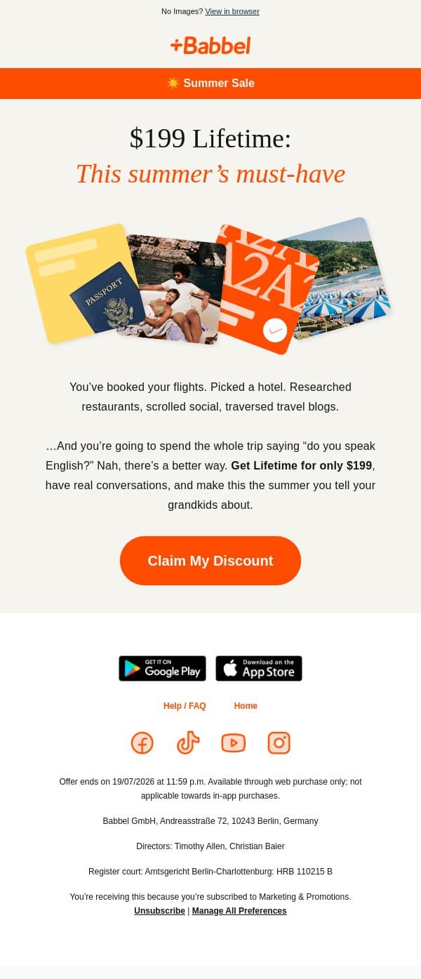 🌴 Get Lifetime for $199 (while this deal lasts!) email from Babbel screenshot