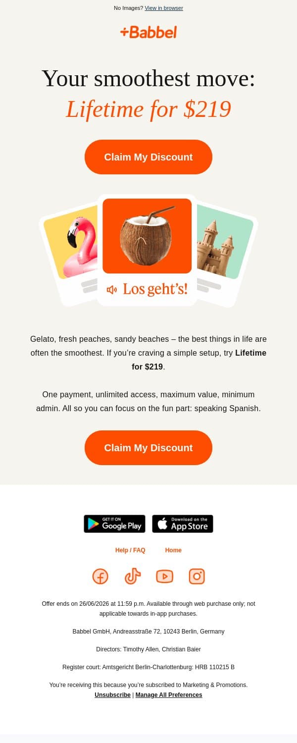 🍦 Lifetime is yours for $219 email from Babbel screenshot