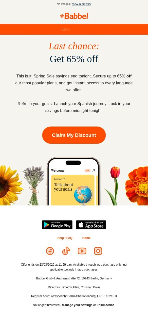 ⌛ Ends Tonight: Get 65% off Babbel email from Babbel screenshot