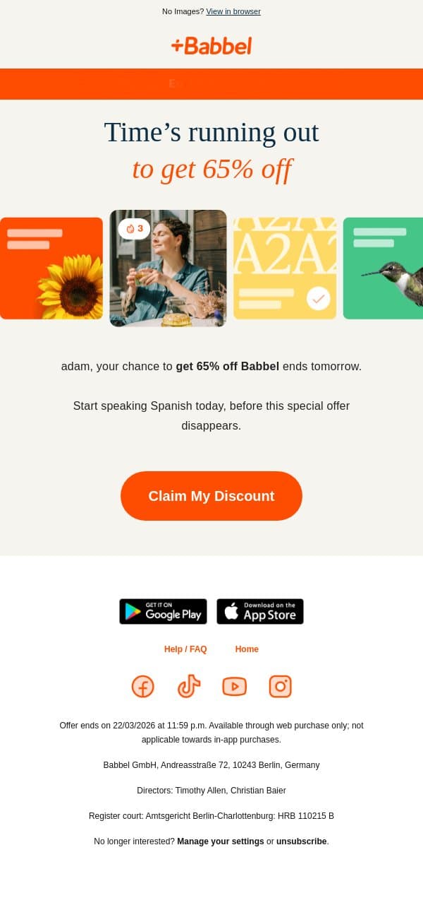 🌼 65% off Babbel ends tomorrow! email from Babbel screenshot