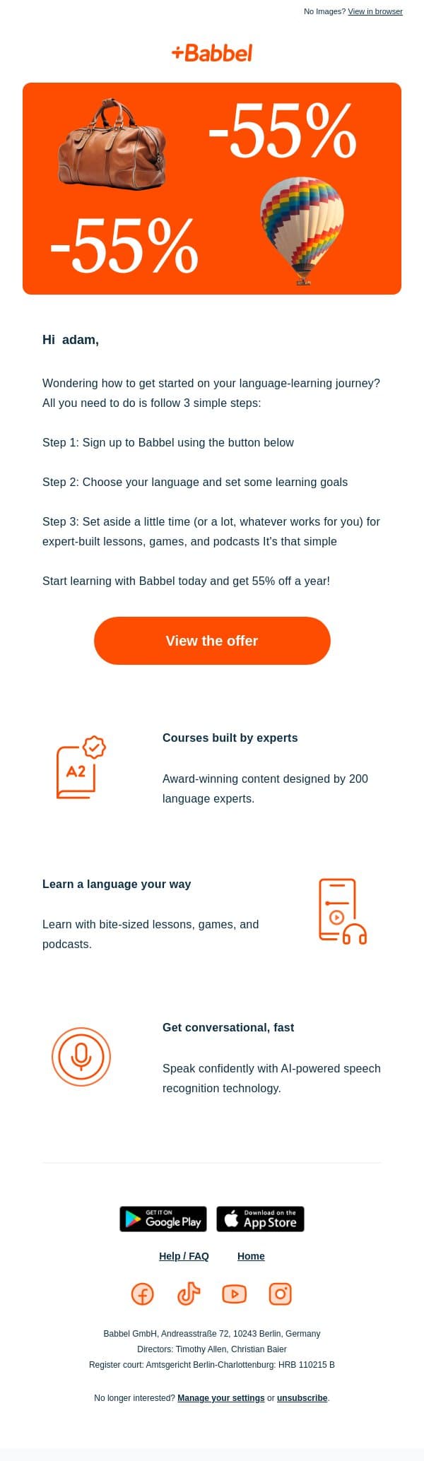 You'll love this deal: 55% off language learning! email from Babbel screenshot