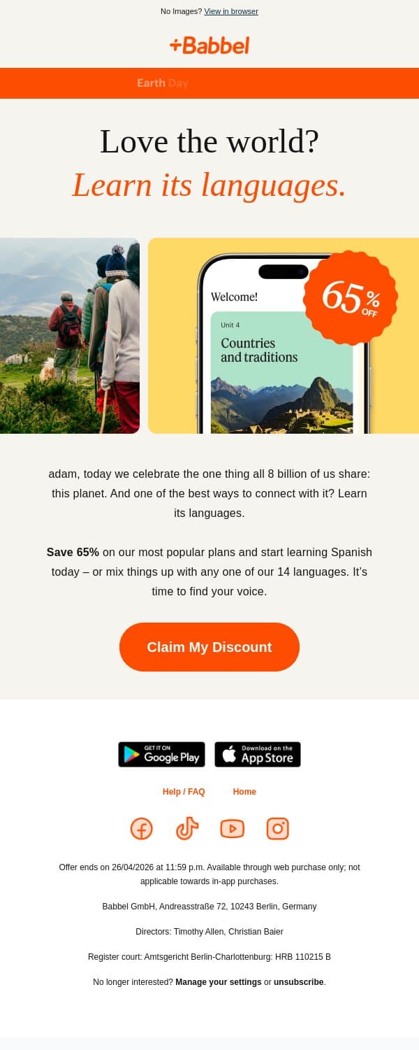 🌍 Happy Earth Day! Get 65% off email from Babbel screenshot