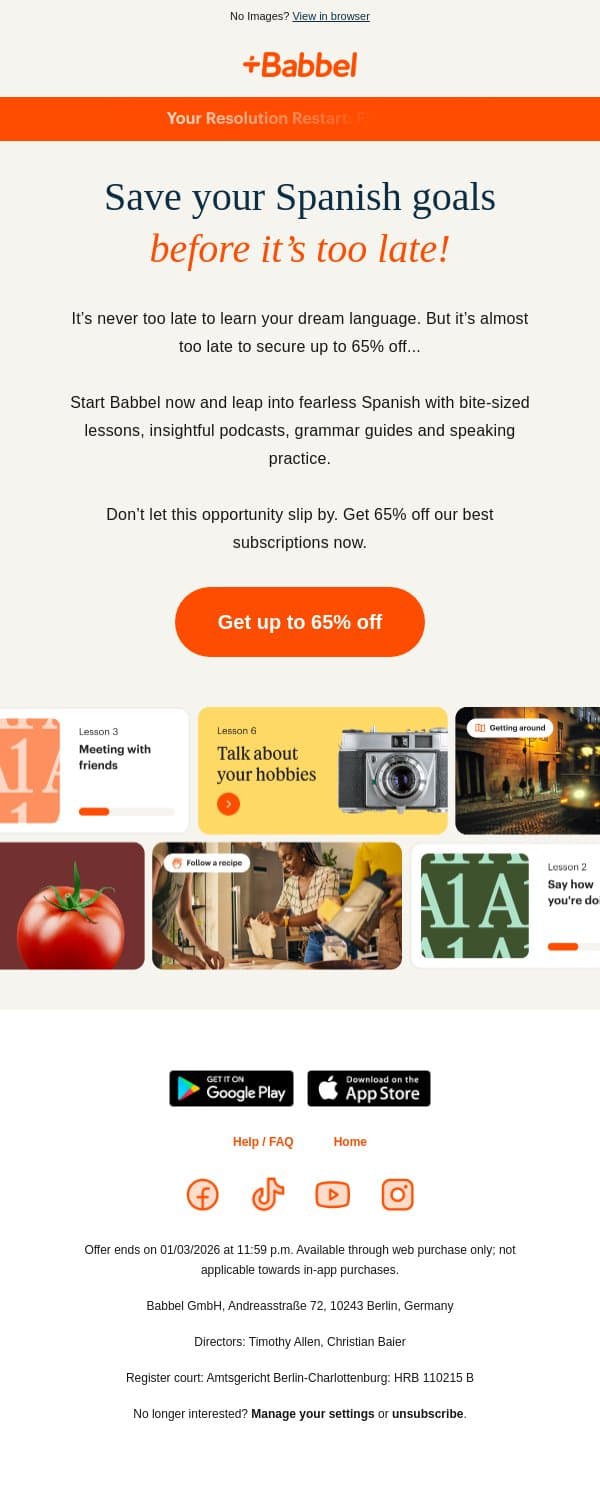 💨 Quick quick adam! Get up to 65% off our best plans email from Babbel screenshot