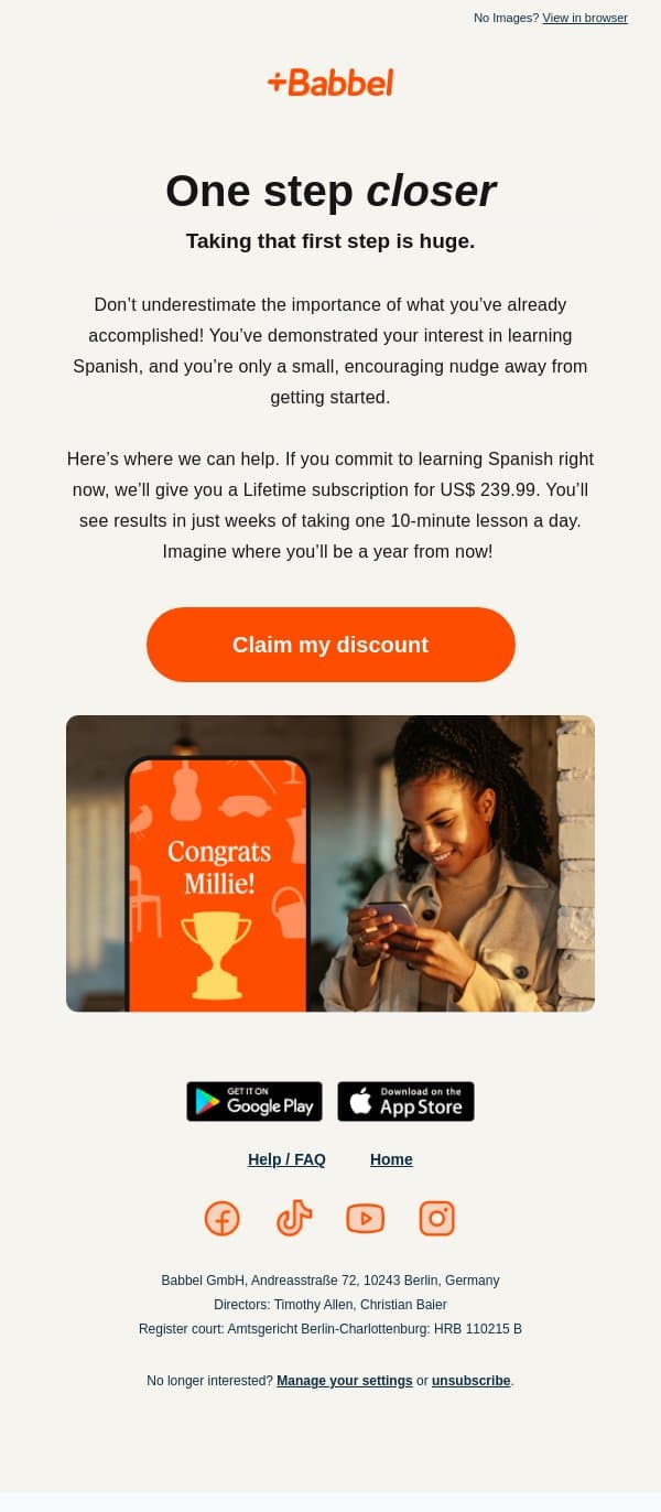 ✅ Congrats! adam, you’ve earned a Lifetime deal! email from Babbel screenshot