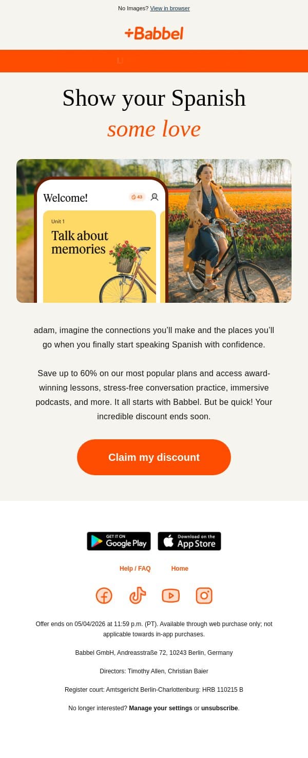 🌼 60% off Babbel ends tomorrow! email from Babbel screenshot
