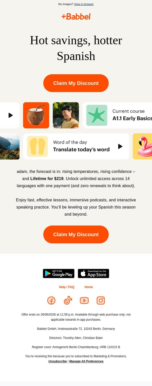 🌡️ Hot savings: Lifetime is $219 email from Babbel screenshot
