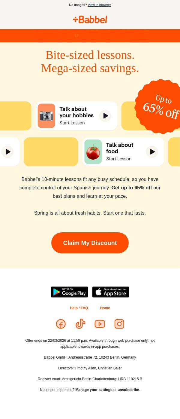 🌷 Get 65% off and start learning Spanish email from Babbel screenshot