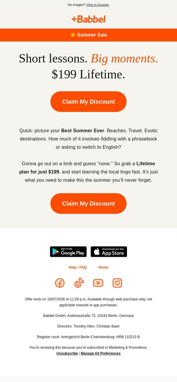 ☀️ Summer Sale: Lifetime is $199 email from Babbel screenshot