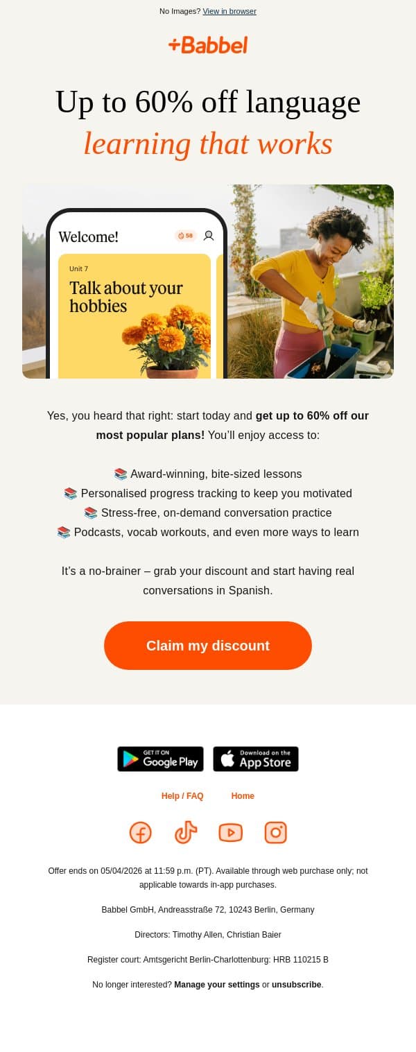 ⚡ Get up to 60% off our most popular plans email from Babbel screenshot
