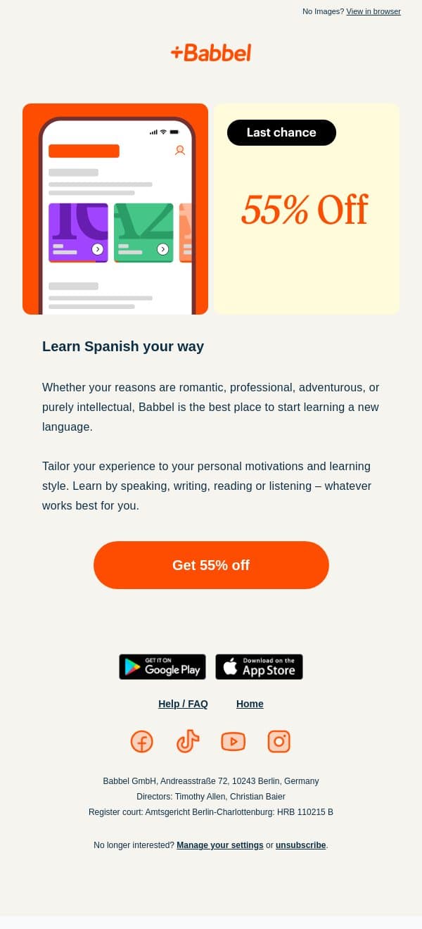 Unlock 55% off your language learning journey with Babbel! ❤️‍🔥 email from Babbel screenshot