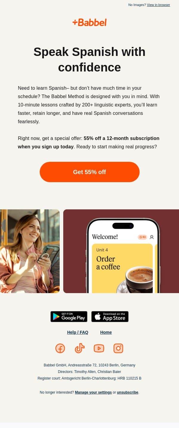 Speaking Spanish + 55% off = ⭐️⭐️⭐️⭐️⭐️ email from Babbel screenshot