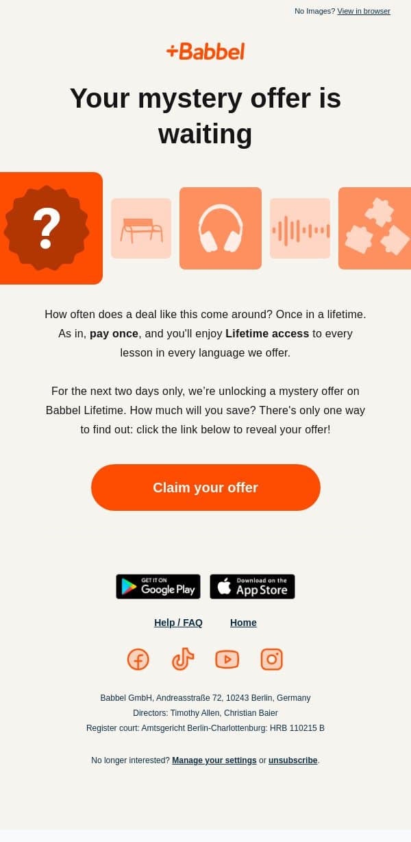 adam, your 💸 mystery offer 💸 is inside 👀 email from Babbel screenshot