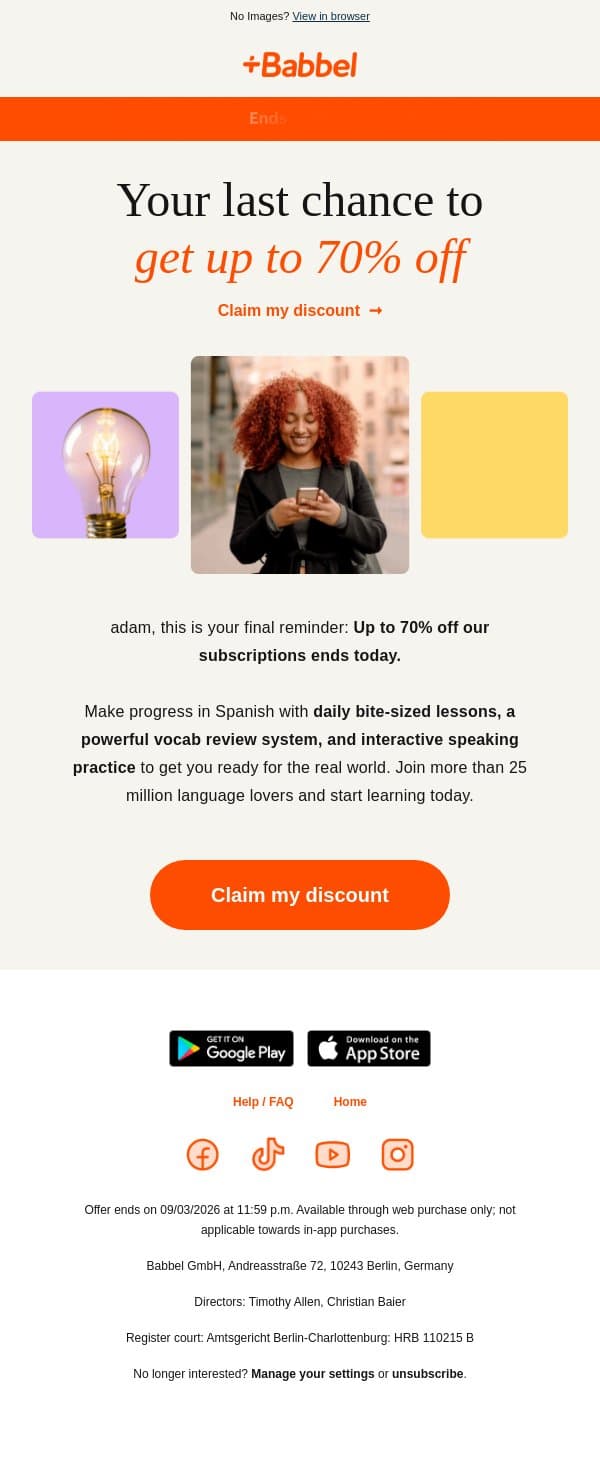 ⚡ Last Chance: Save 70% and start speaking Spanish email from Babbel screenshot