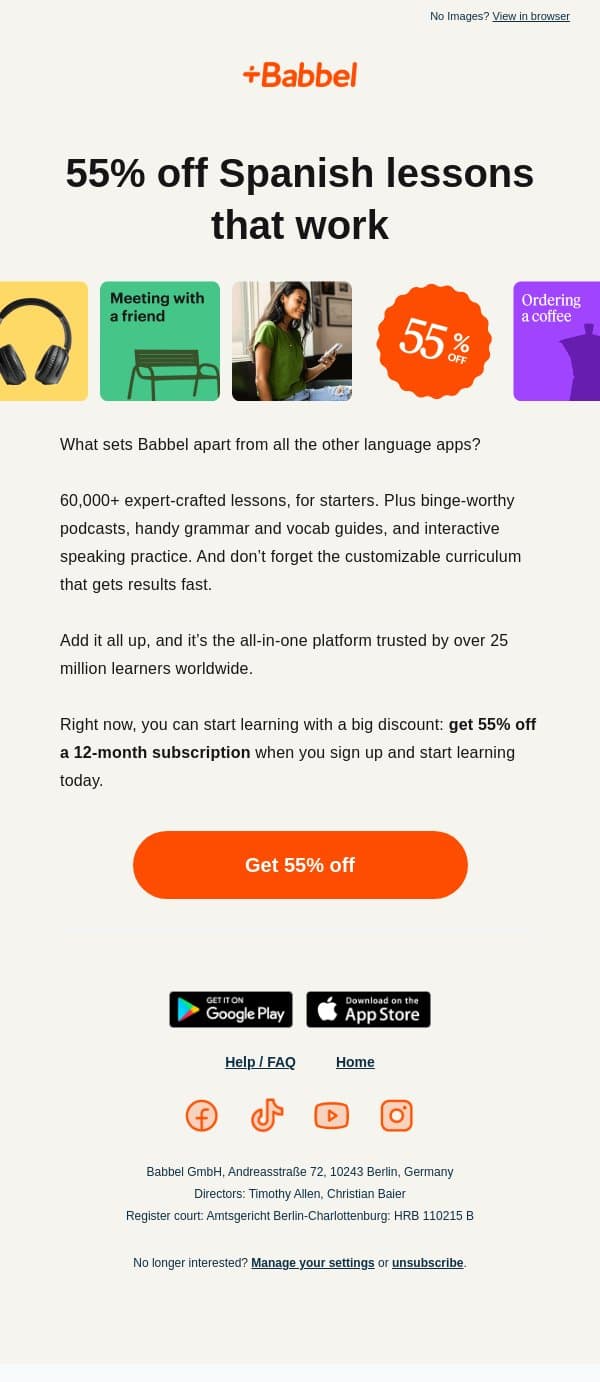 🏅 55% off the language app trusted by millions email from Babbel screenshot