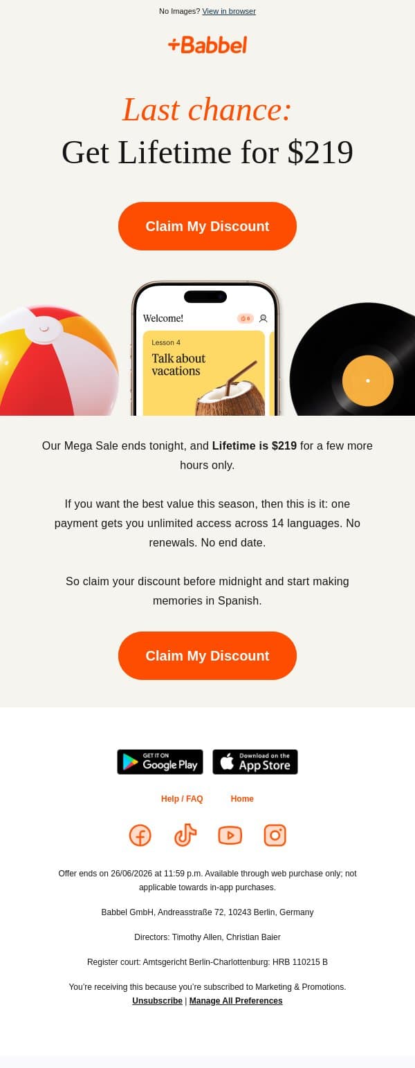 🥵 Lifetime for $219 ends tonight email from Babbel screenshot