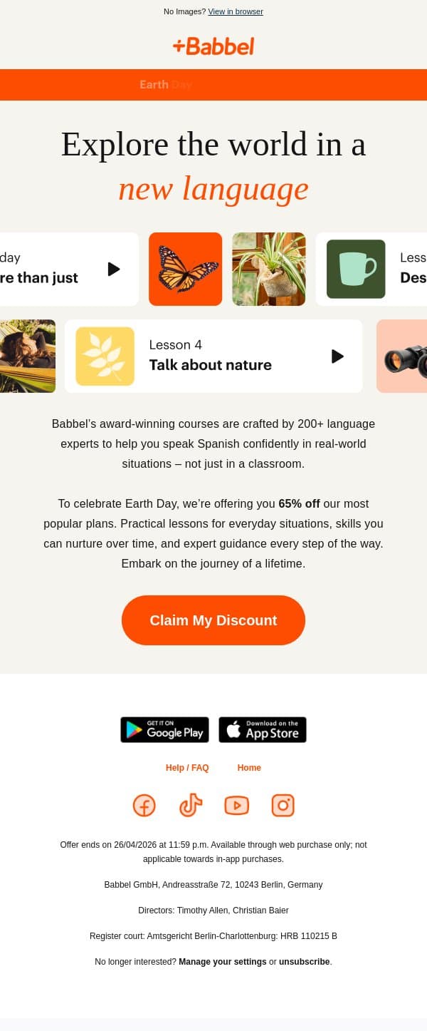 🌱 Get 65% off and start speaking Spanish email from Babbel screenshot