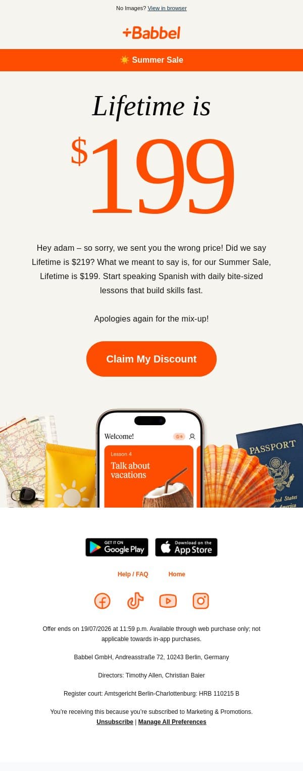 🤦 Wait, did we say $219? Scratch that - we MEANT $199. email from Babbel screenshot