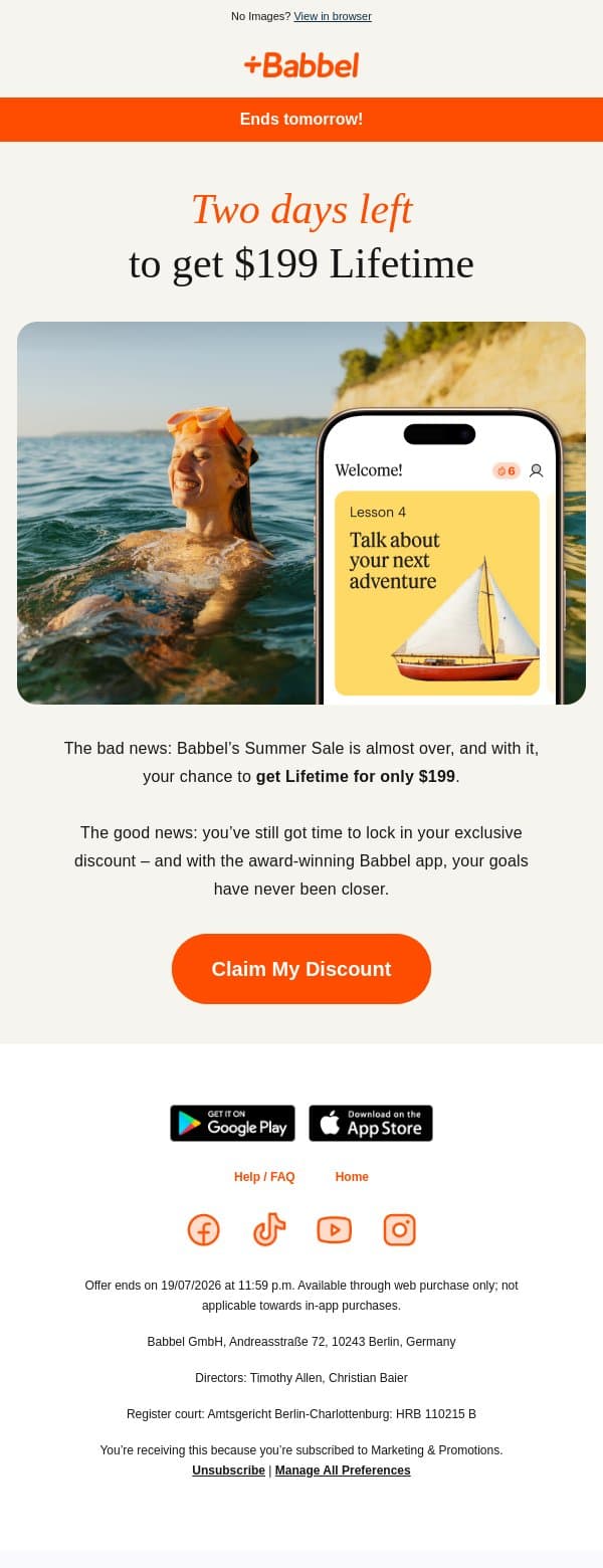 🌴 $199 Lifetime: two days left! email from Babbel screenshot